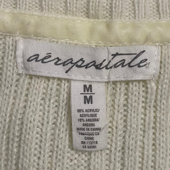 Aeropostale Chunky Cable Knit V Neck Ribbed Cream Long Sleeve Sweater Medium - Picture 3 of 16